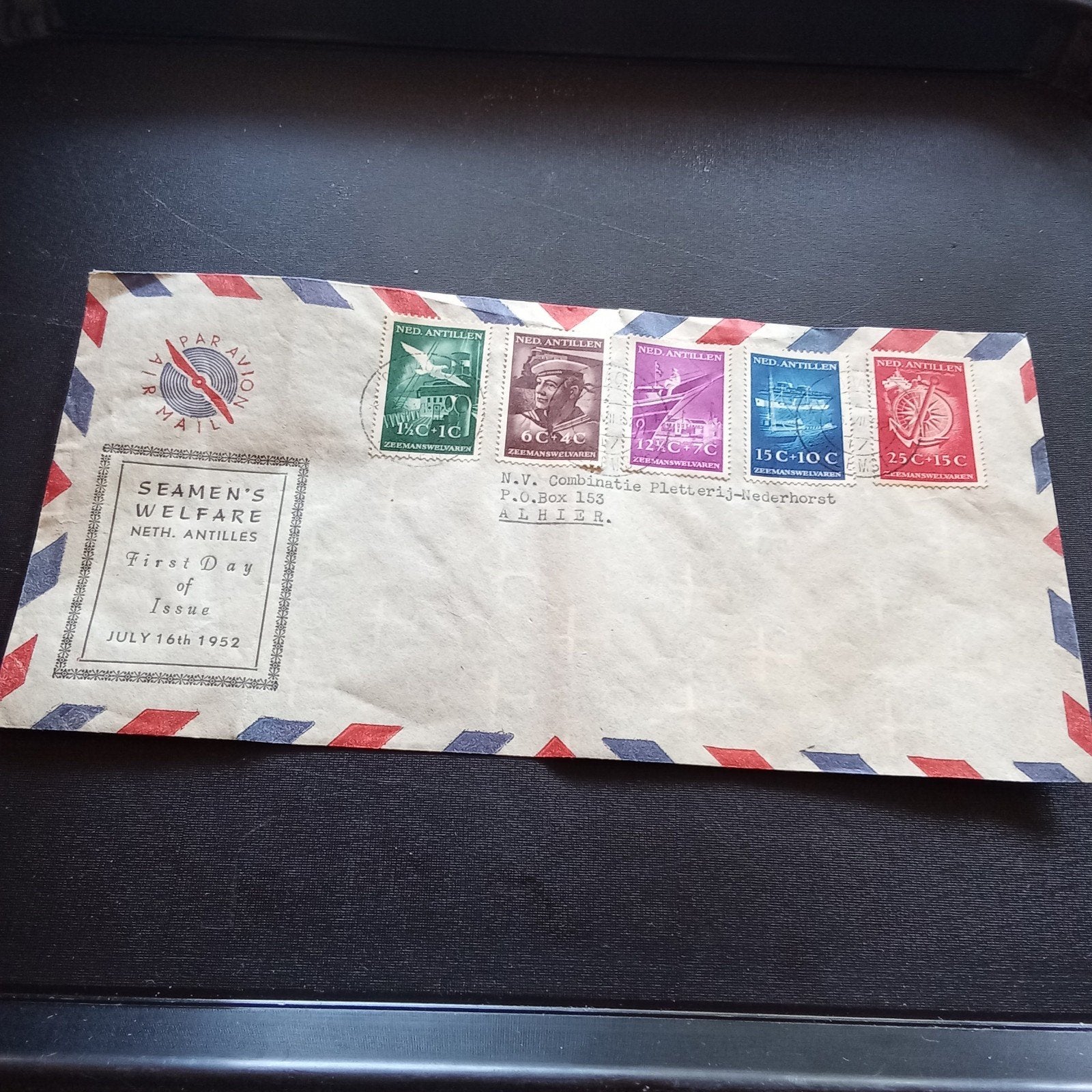 Eerste Dag Uitgifte Zeemanswelvaart Nederlandse Antille 1952, Ophalen of Verzenden, Gestempeld