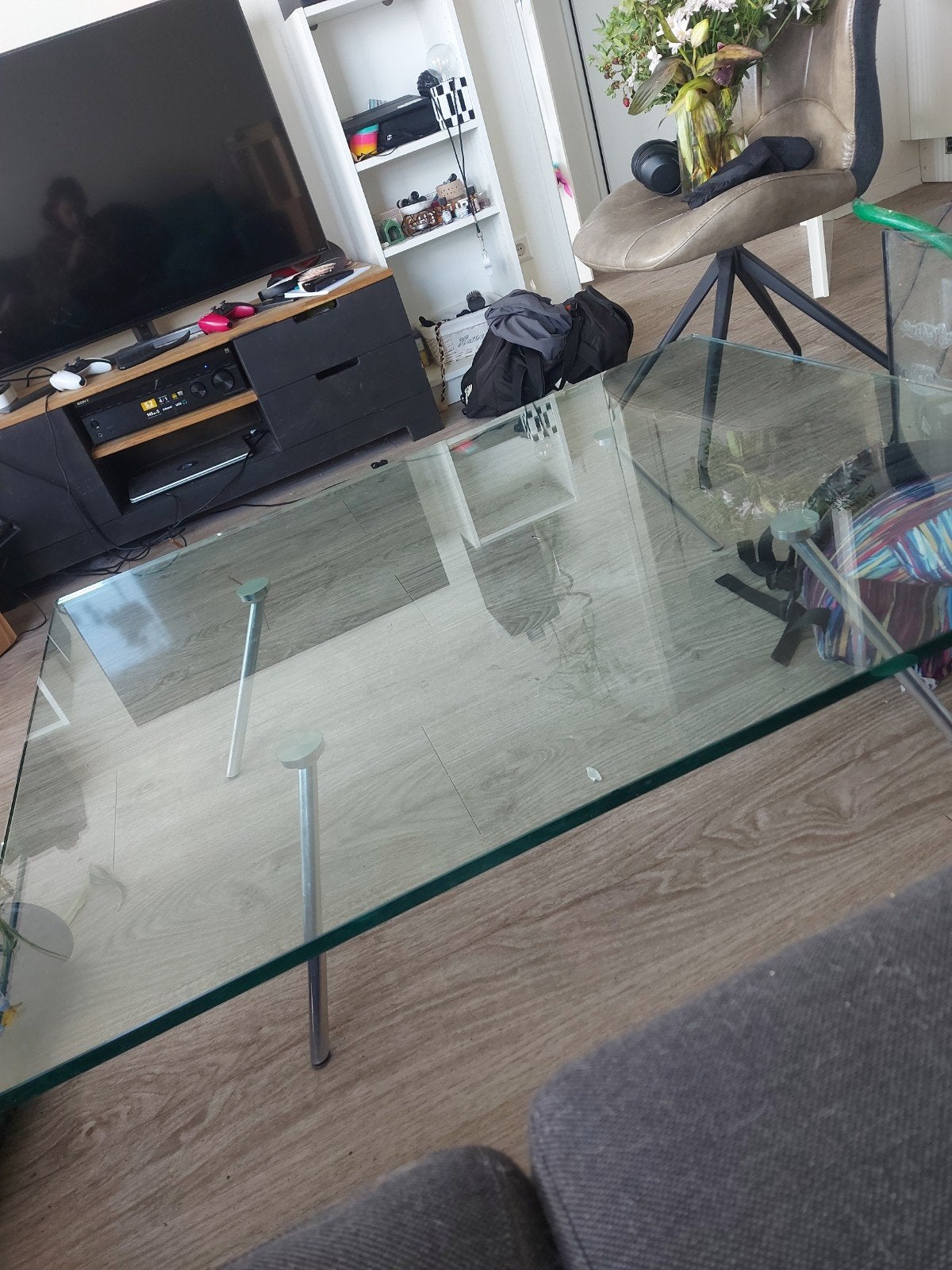 Beek Maupertuus glazen salontafel, Huis en Inrichting, Ophalen, Gebruikt, 100 tot 150 cm, 50 tot 100 cm