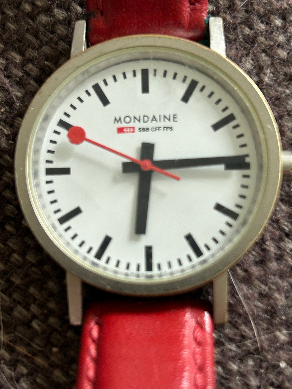 Mondaine Official Swiss Railway Watch-Rood Leer diamet 32mm, Overige merken, Overige materialen, Polshorloge, Ophalen of Verzenden