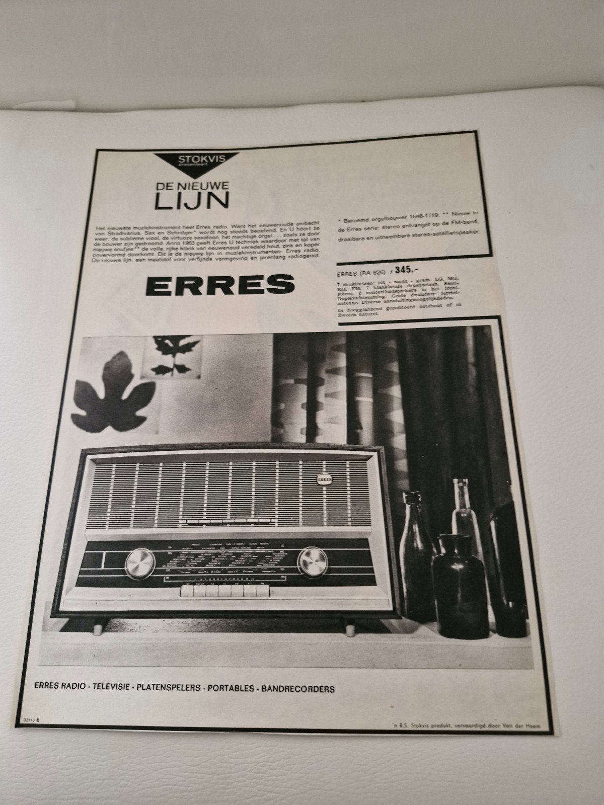 Vintage Erres Radio Advertentie (32 x 24 cm), Verzamelen, Ophalen of Verzenden, 1940 tot 1960