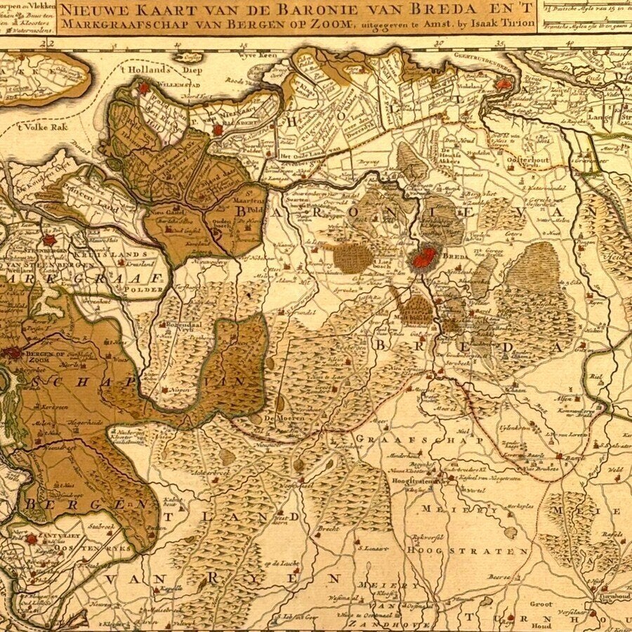 18e eeuwse ingekleurde kaart, Baronie van Breda, Ophalen of Verzenden, Cartografie, Gravure, Ingelijst