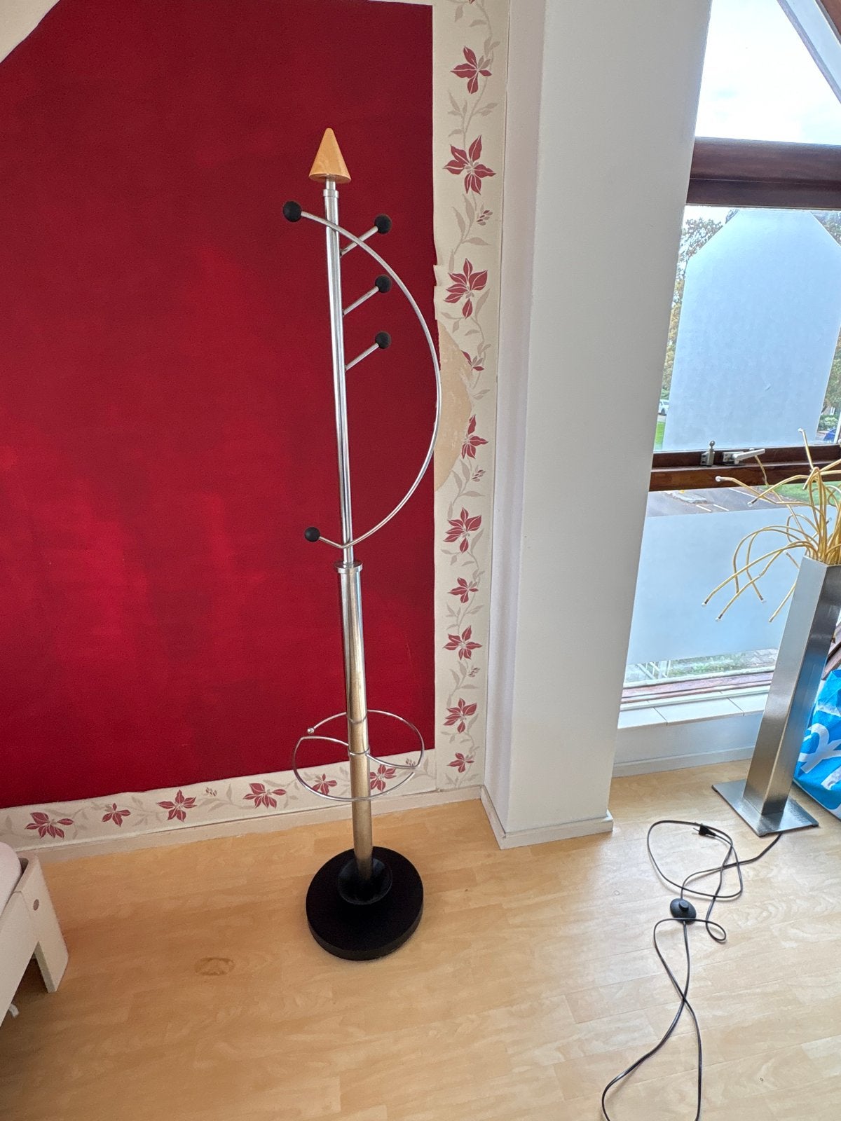 Design kapstok met paraplubak - Chroom en Zwart, Gebruikt, Ophalen of Verzenden, Metaal, Staande kapstok