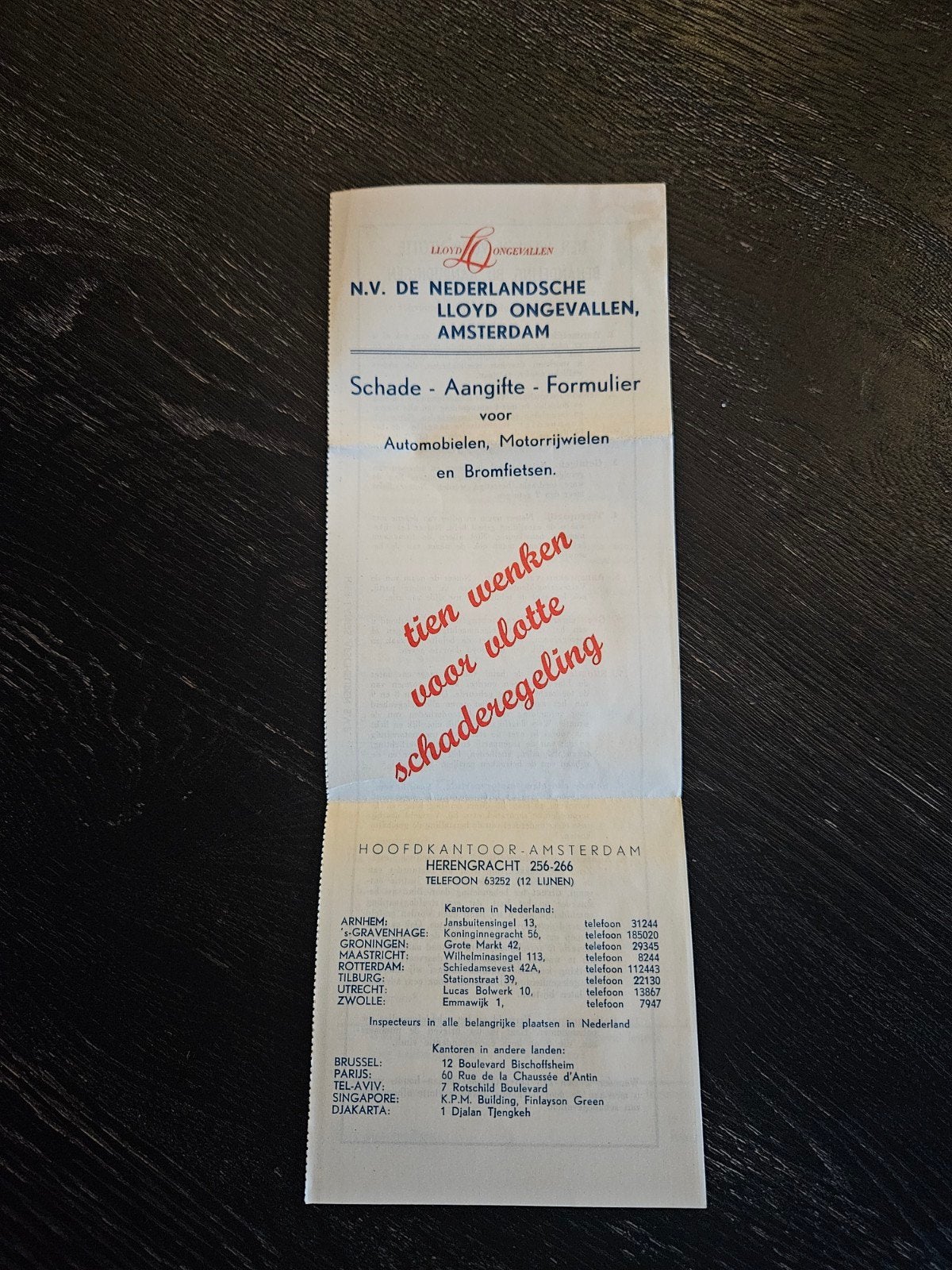 Oud Schade-Aangifte-Formulier NV Ned. Lloyd Ongevallen, Ophalen of Verzenden, Gelezen, Algemeen, N.V. Nederlandsche Lloyd Ongevallen