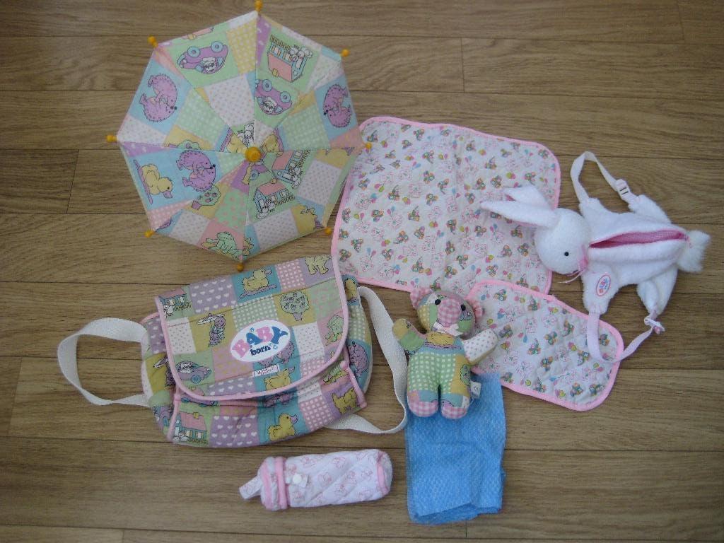 Baby Born accessoires: luiertas paraplu konijnrugzak beertje, Ophalen of Verzenden, Gebruikt, Babypop