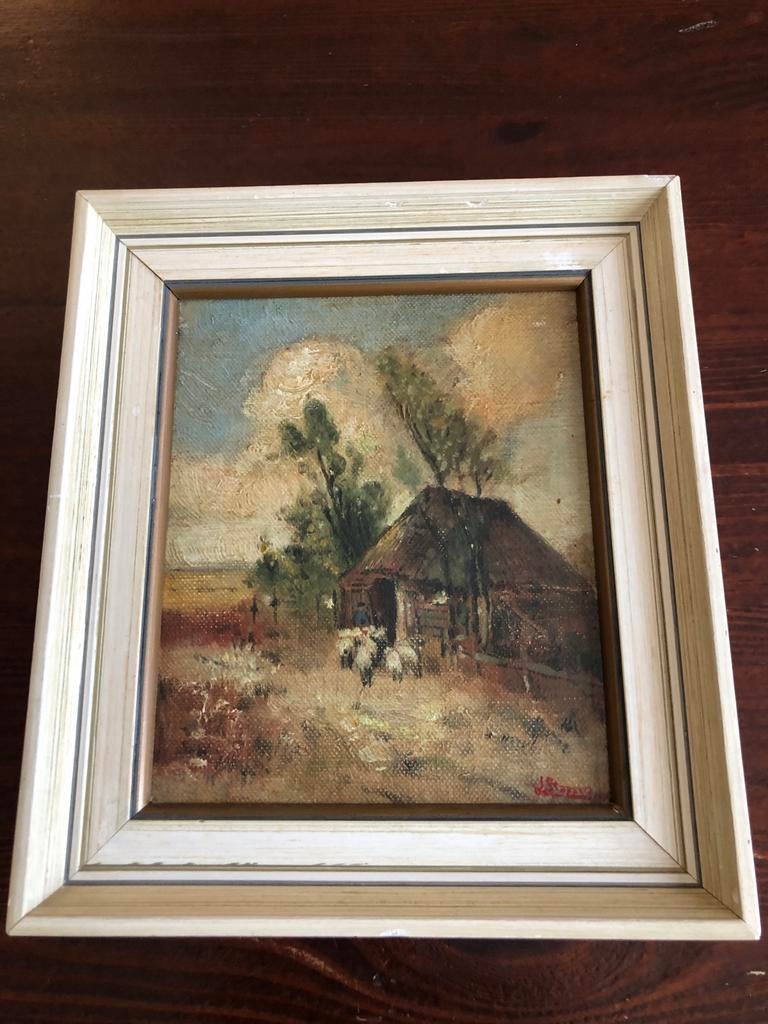Olieverfschilderij met schapen en boerderij, Ophalen