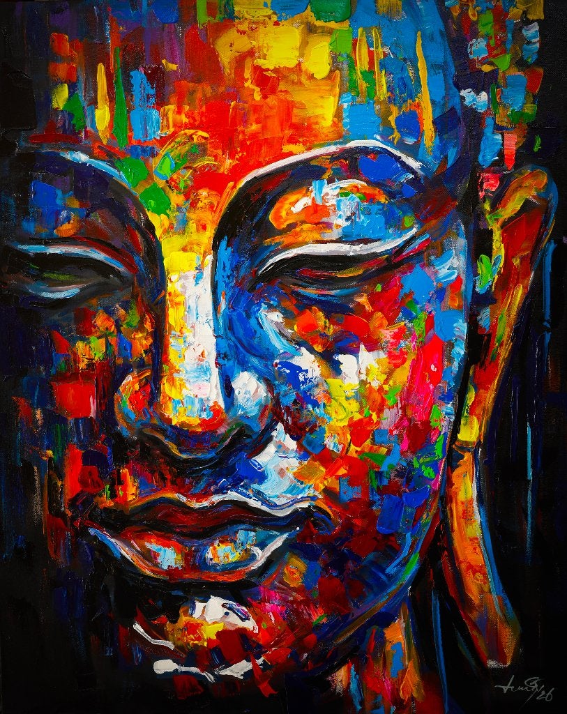 Abstract Boeddha schilderij 80 x 100 cm – handgeschilderd, Ophalen of Verzenden