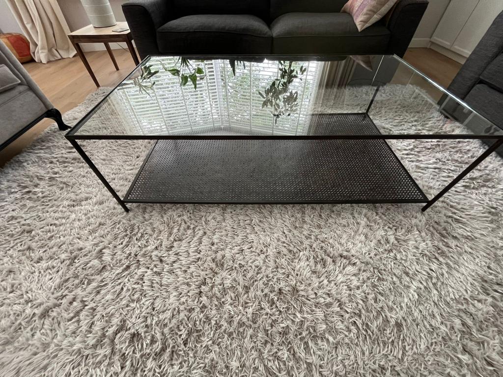 Glazen salontafel bronskleur, Huis en Inrichting, Tafels | Salontafels, Ophalen, Gebruikt, 100 tot 150 cm, 50 tot 100 cm