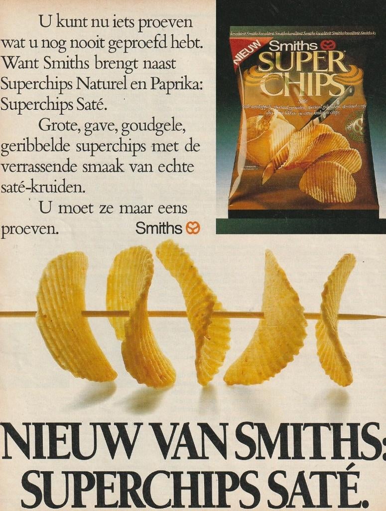 Retro reclame 1986 Smiths chips superchips met sateh, Verzamelen, Retro, Verzenden, Overige typen