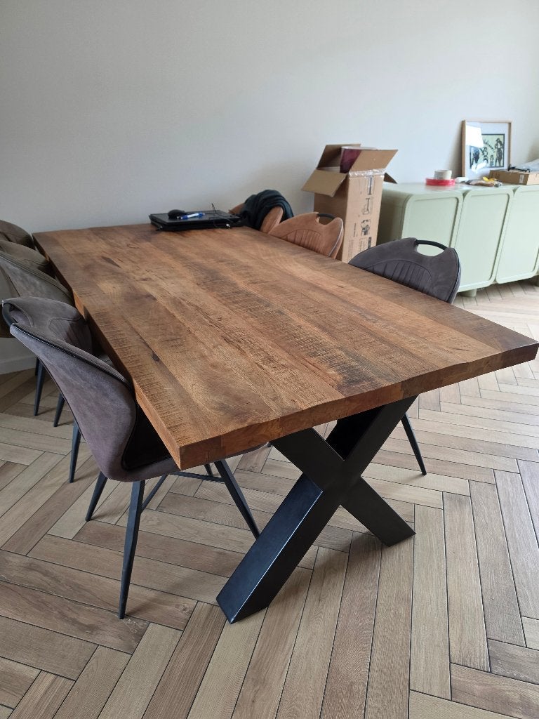 Prachtige mango houten eettafel + 6 gratis stoelen!, Ophalen, 200 cm of meer, 50 tot 100 cm, Zo goed als nieuw