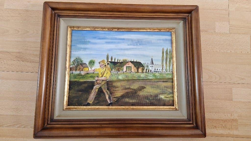 oud schilderij op doek gesigneerd . zaaien op het land, Ophalen of Verzenden, Gesigneerd, Stads- / dorpsgezicht