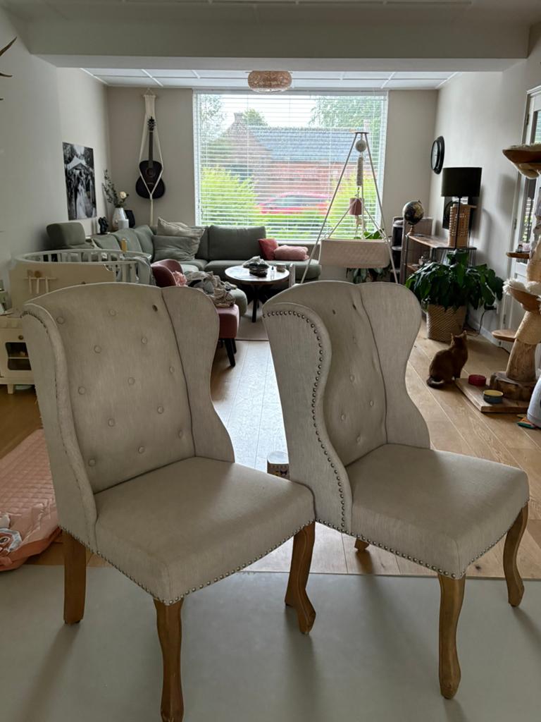 2 Riviera Maison Wing Chairs - Beige Linnen, Huis en Inrichting, Stoelen, Ophalen, Gebruikt, Twee, Overige kleuren