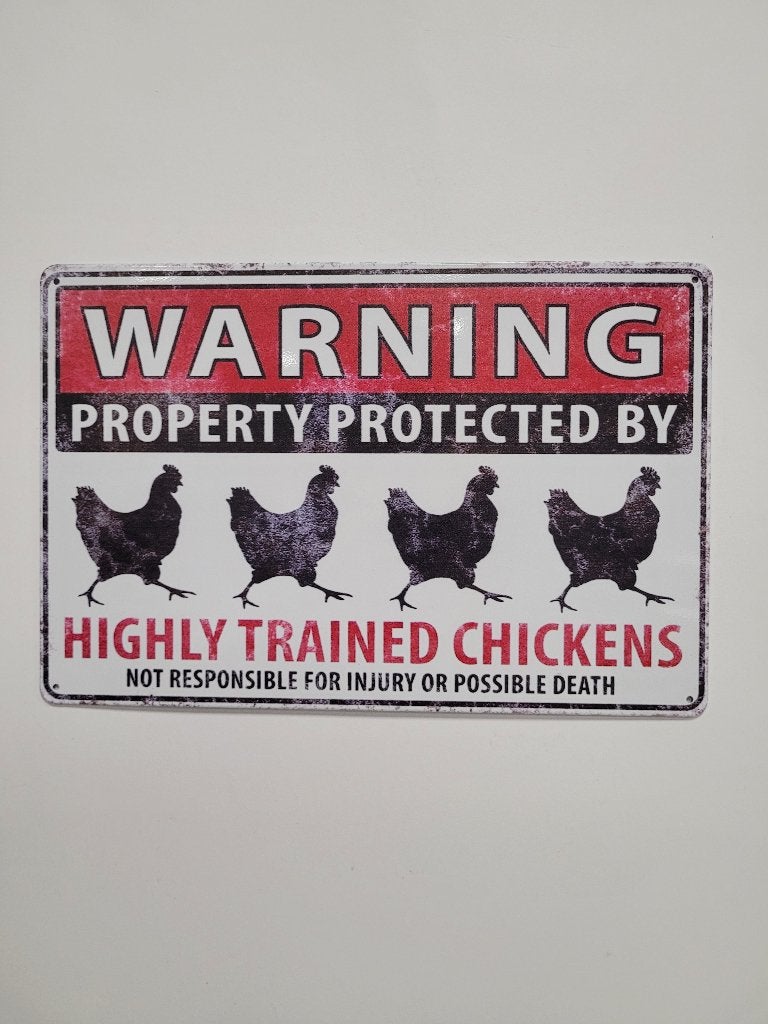 Warning protected by chickens kippen metalen reclamebord, Info@deconoord.nl, Deco Noord, Nieuw, Ophalen of Verzenden