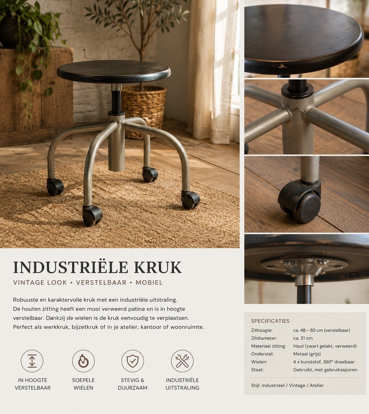 Industriële Kruk - Vintage Look & Verstelbaar, Huis en Inrichting, Krukjes, Ophalen of Verzenden
