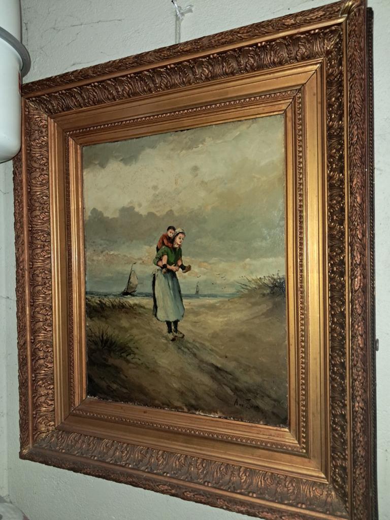 Olieverfschilderij: Vrouw met kind op het strand, Ophalen of Verzenden