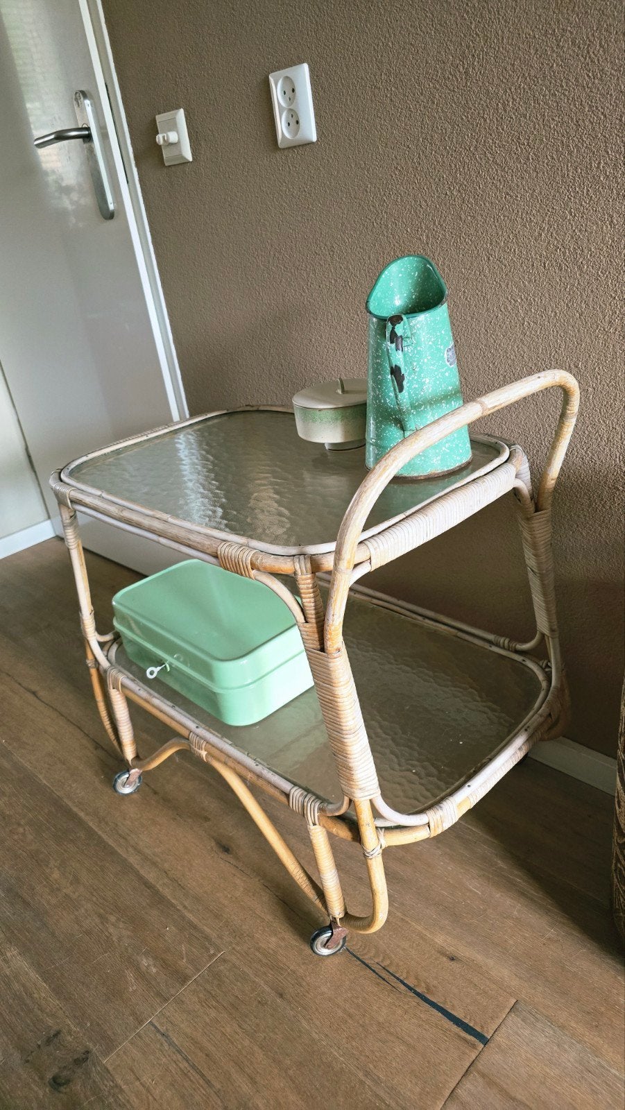 Vintage bamboe theewagen salontafel, Ophalen, 25 tot 50 cm, Rechthoekig, 50 tot 100 cm