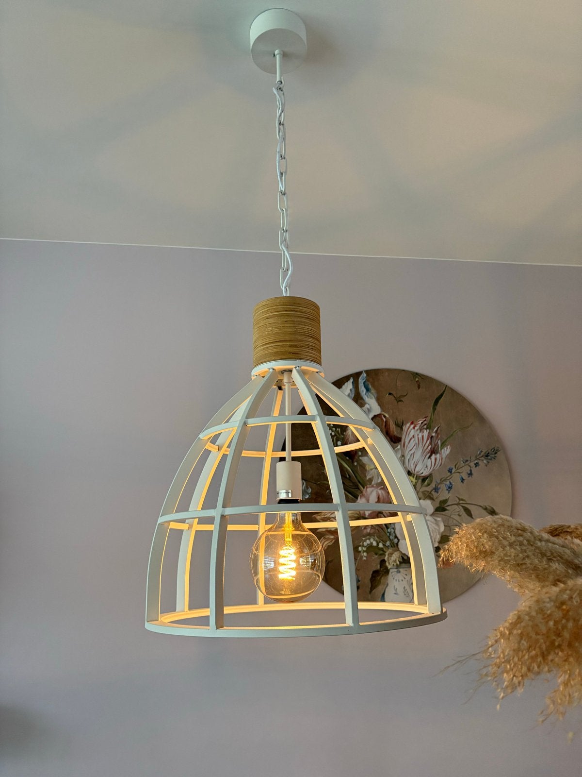 Moderne hanglampen 2 st. wit met houten accent, Ophalen, Zo goed als nieuw, Hout, E27 (groot)