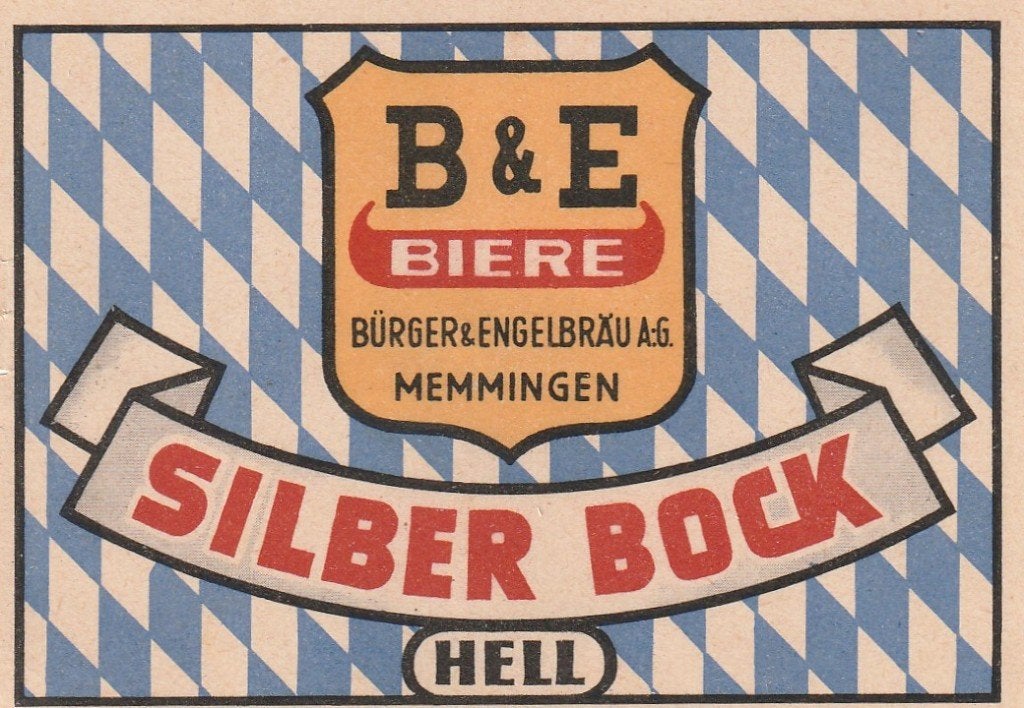 oud bieretiket Duitsland B&E Memmingen Silber Bock (a), Verzamelen, Verzenden, Zo goed als nieuw, Overige typen, Overige merken