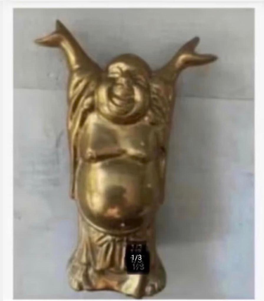 Brocante Lachende zwaar koper happy dikke geluksboeddha 17cm, Ophalen of Verzenden