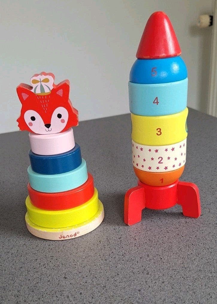 Janod Houten Stapeltoren Vos & Raket stapelspel, Ophalen of Verzenden, Zo goed als nieuw, Overige typen