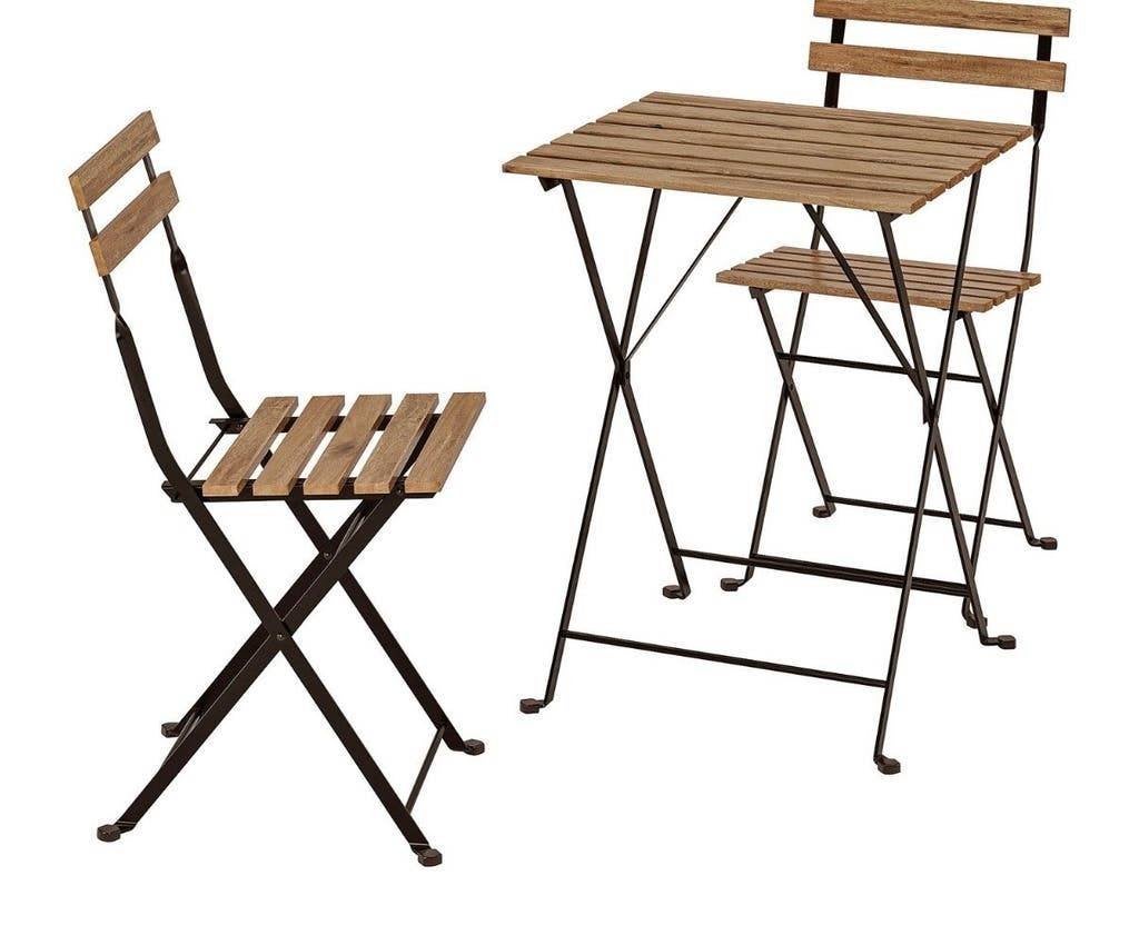 Bistroset tafel + 1 stoel, inklapbaar, houtlook/zwart metaal, Gebruikt, 50 tot 100 cm, Tot twee personen, Metaal