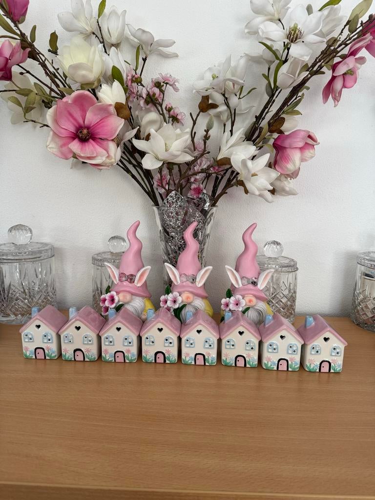 Paasdecoratie: Roze Paashaas Kabouters & Huisjes Set, Huis en Inrichting, Ophalen, Roze, Steen/keramiek, Landelijk