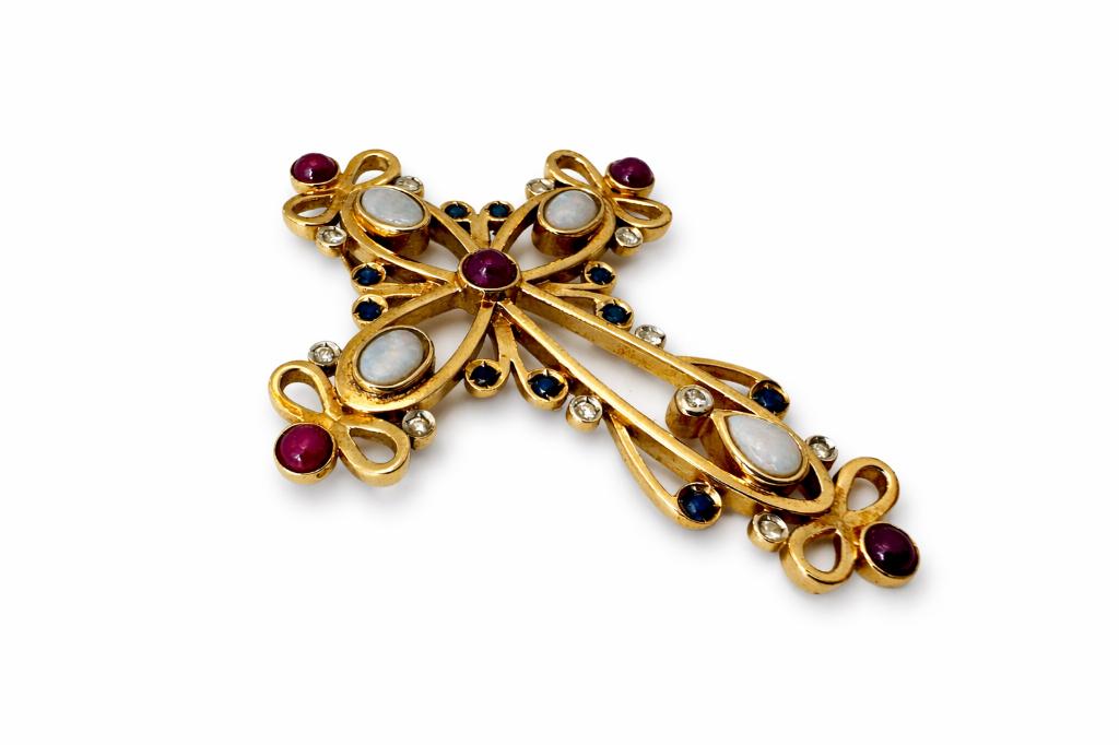 Caren Pfleger kruis hanger 14K goud: opaal, diamanten,safier, Gebruikt, Ophalen of Verzenden, Goud, Goud