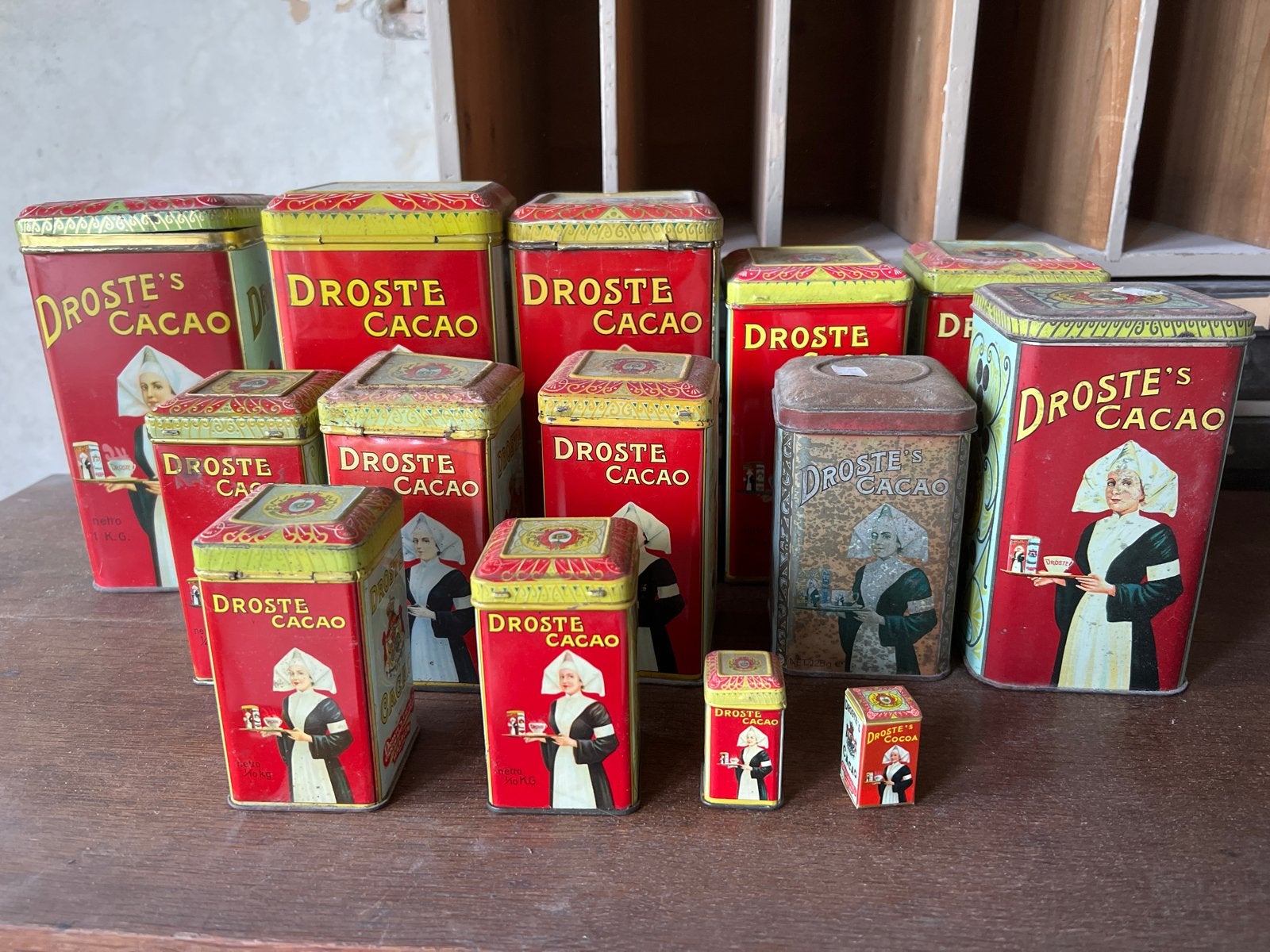 Verzameling 14 vintage Droste Cacao blikken, Ophalen of Verzenden