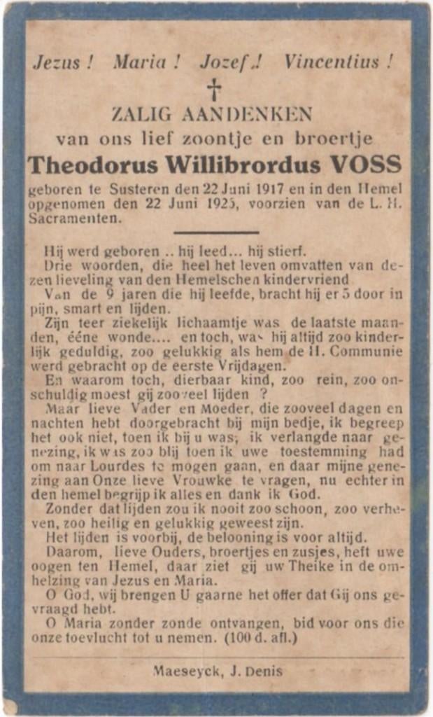 Theodorus W. Voss 1917 Susteren + 1925 Susteren, 8 jaar oud, Verzamelen, Bidprentjes en Rouwkaarten, Verzenden