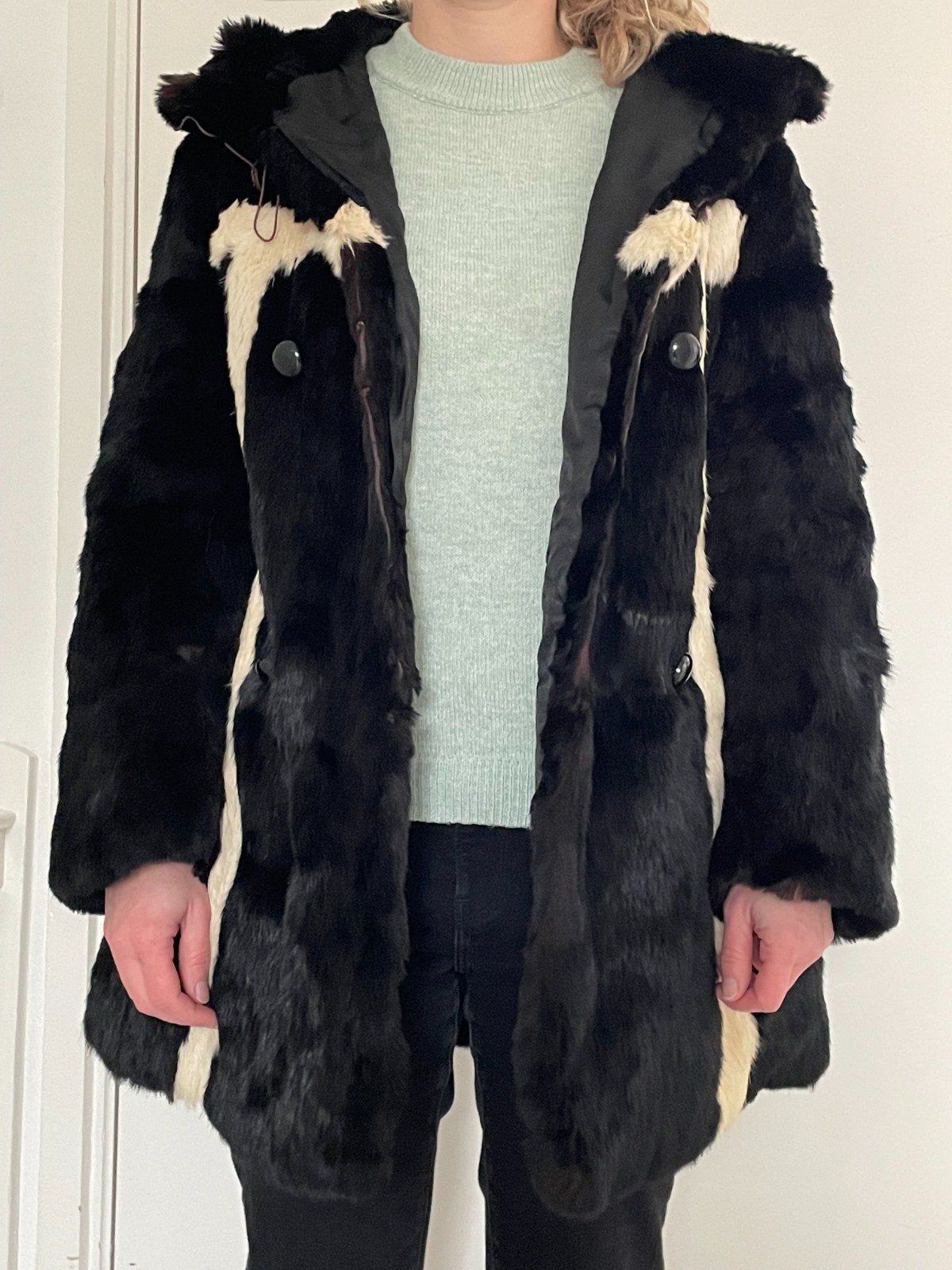 Vintage bontjas zwart-wit met capuchon, mt 40, Kleding | Dames, Ophalen of Verzenden, Zo goed als nieuw, Maat 38/40 (M), Zwart