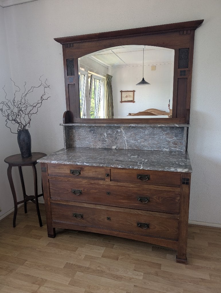 Brocante art nouveau spiegelkast met marmeren blad en lades., Antiek en Kunst, Antiek | Meubels | Kasten, Ophalen