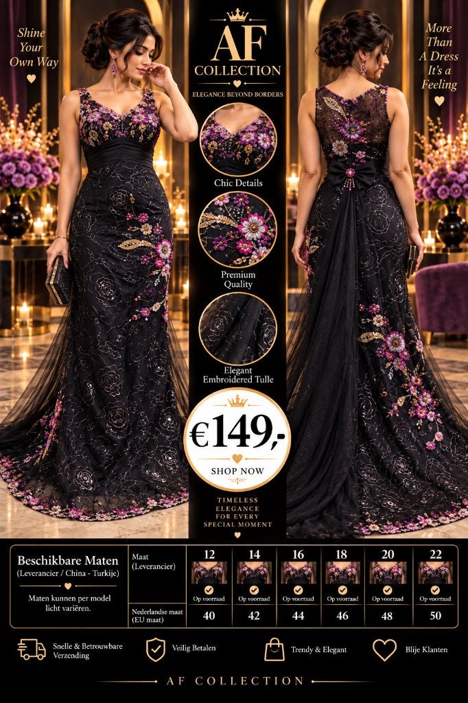 Nieuwe zwarte galajurk met bloemen – EU 40 t/m 50, Galajurk, Zwart, Nieuw, Ophalen