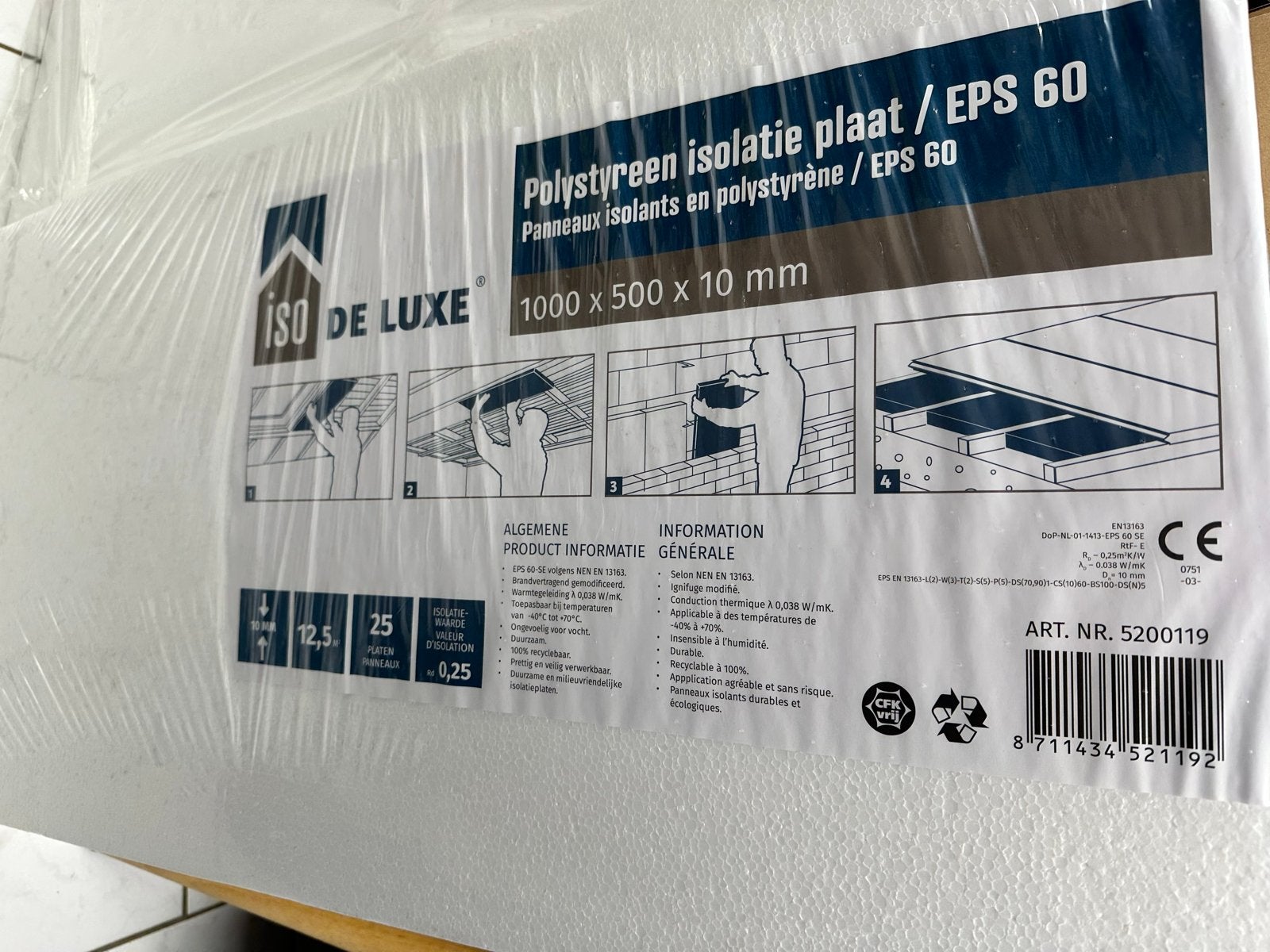 Polystyreen isolatieplaat EPS 60 - 1000x500x10mm, Nieuw, 15 m² of meer, Vloerisolatie, Piepschuim (Tempex)
