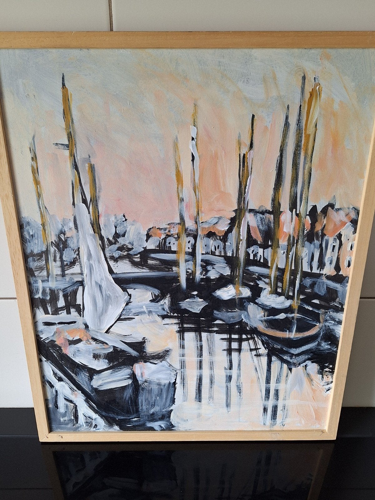 Schilderij havengezicht met boten en huizen, Hout, Ophalen of Verzenden, Ingelijst, Olieverf