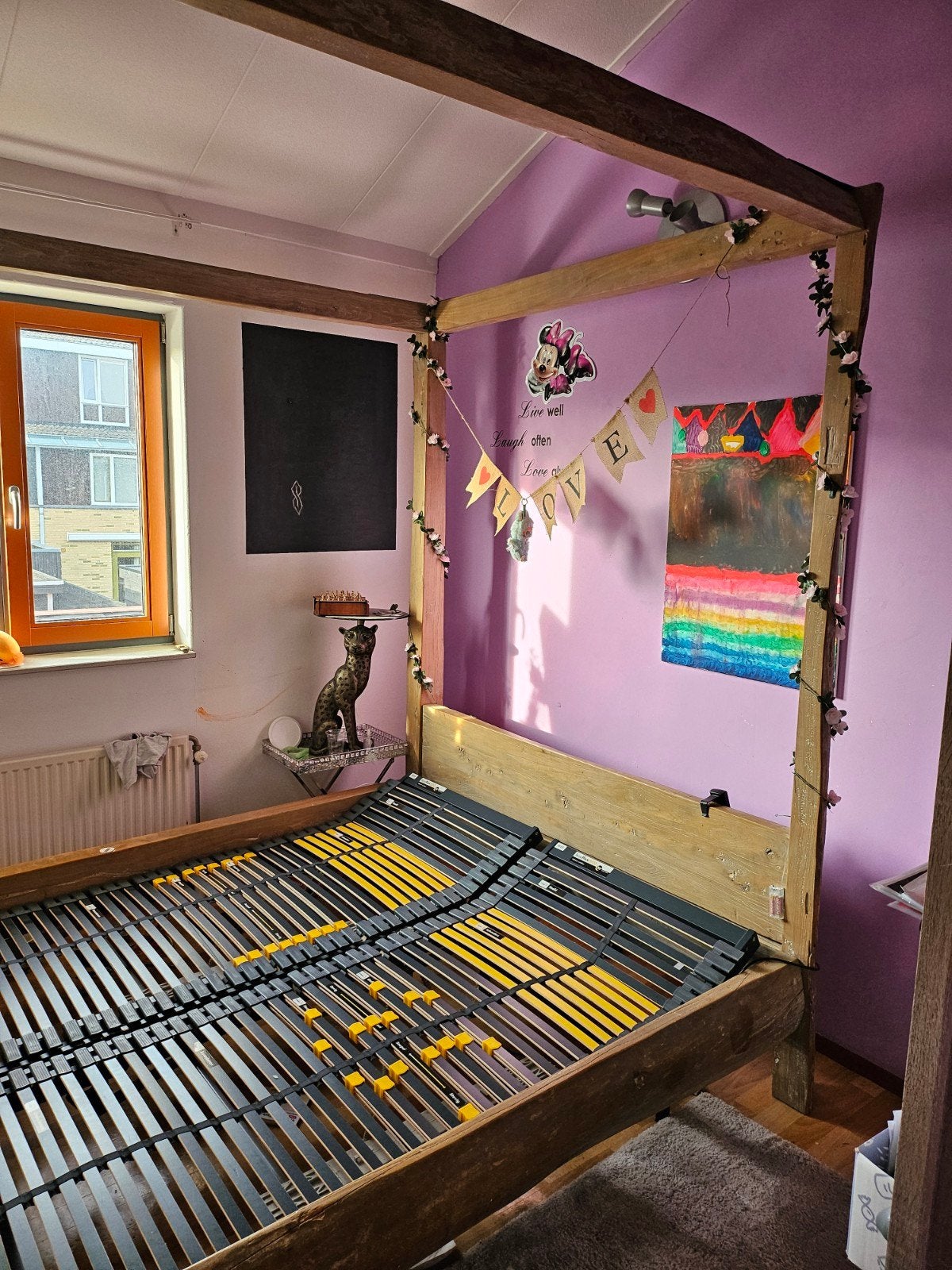 Houten hemelbed met verstelbare lattenbodems, Ophalen, Bruin, Rustiek, Tweepersoons