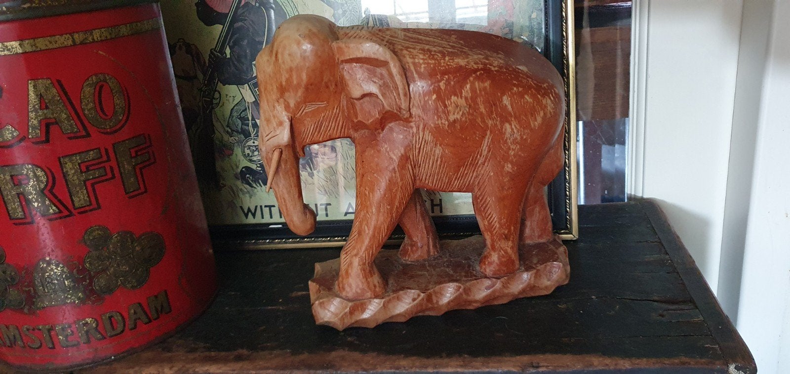 Vintage houten olifant met slagtanden 21x27 cm, Ophalen of Verzenden, Huis en Inrichting