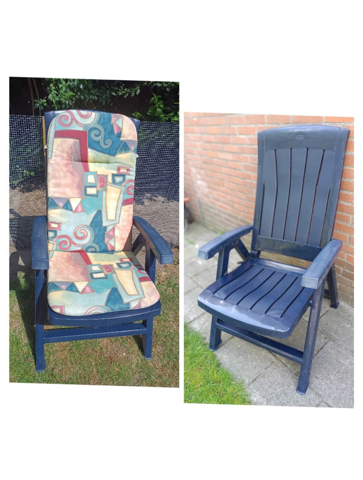 1 blauwe Jardin tuinstoel + 2 kussens, Ophalen, Gebruikt