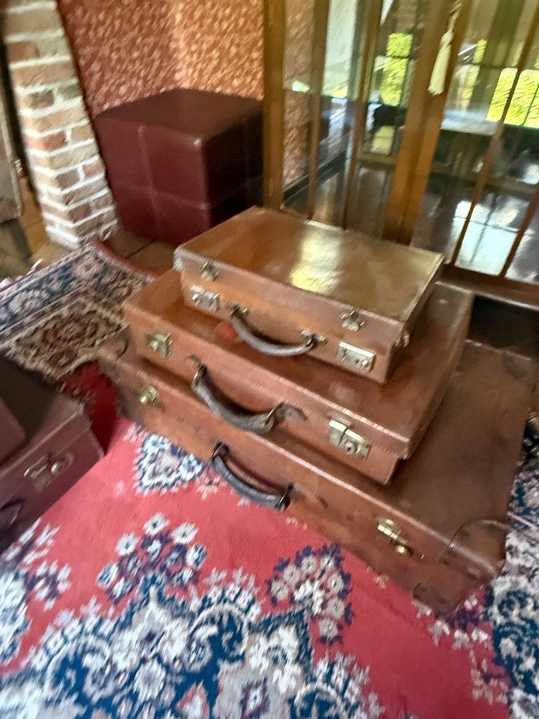 Set van 3 Antieke Leren Koffers - Vintage Reiskoffers, Antiek en Kunst, Ophalen
