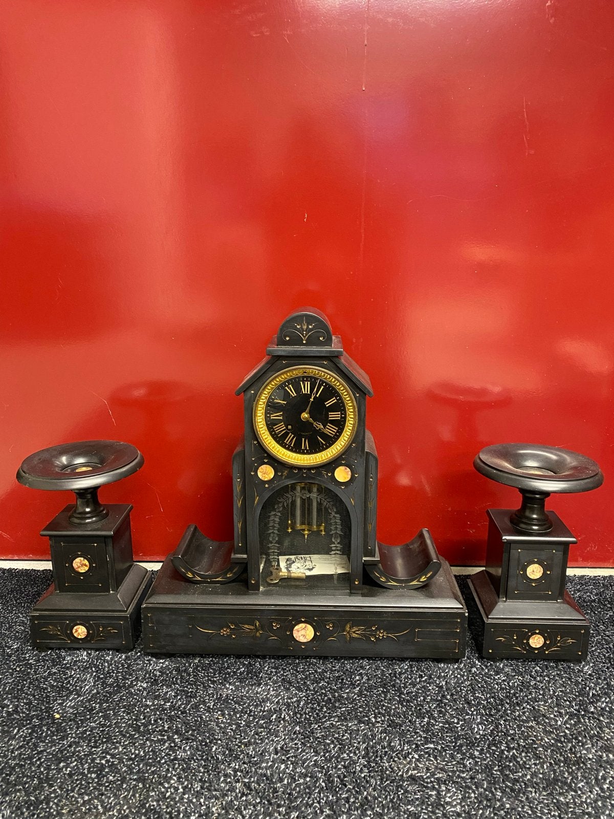 Antieke Franse pendule 1890, met kandelaars - Zwart en Goud, Ophalen