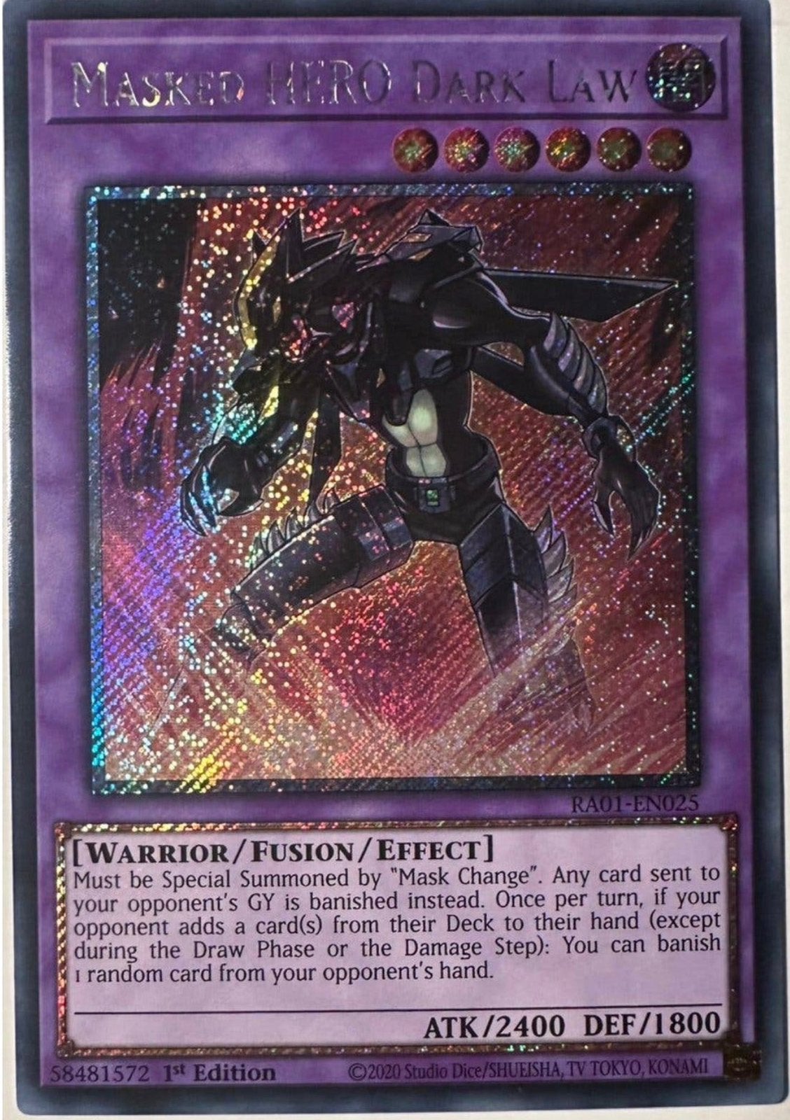 Yu-Gi-Oh! Masked HERO Dark Law RA01 1st Edition !, Ophalen of Verzenden, Zo goed als nieuw, Losse kaart, Foil