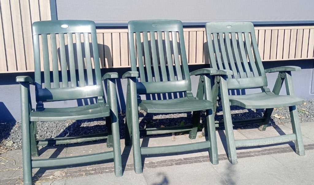 3x groene tuinstoel, Tuin en Terras, Tuinstoelen, Ophalen, Gebruikt, Kunststof, Inklapbaar