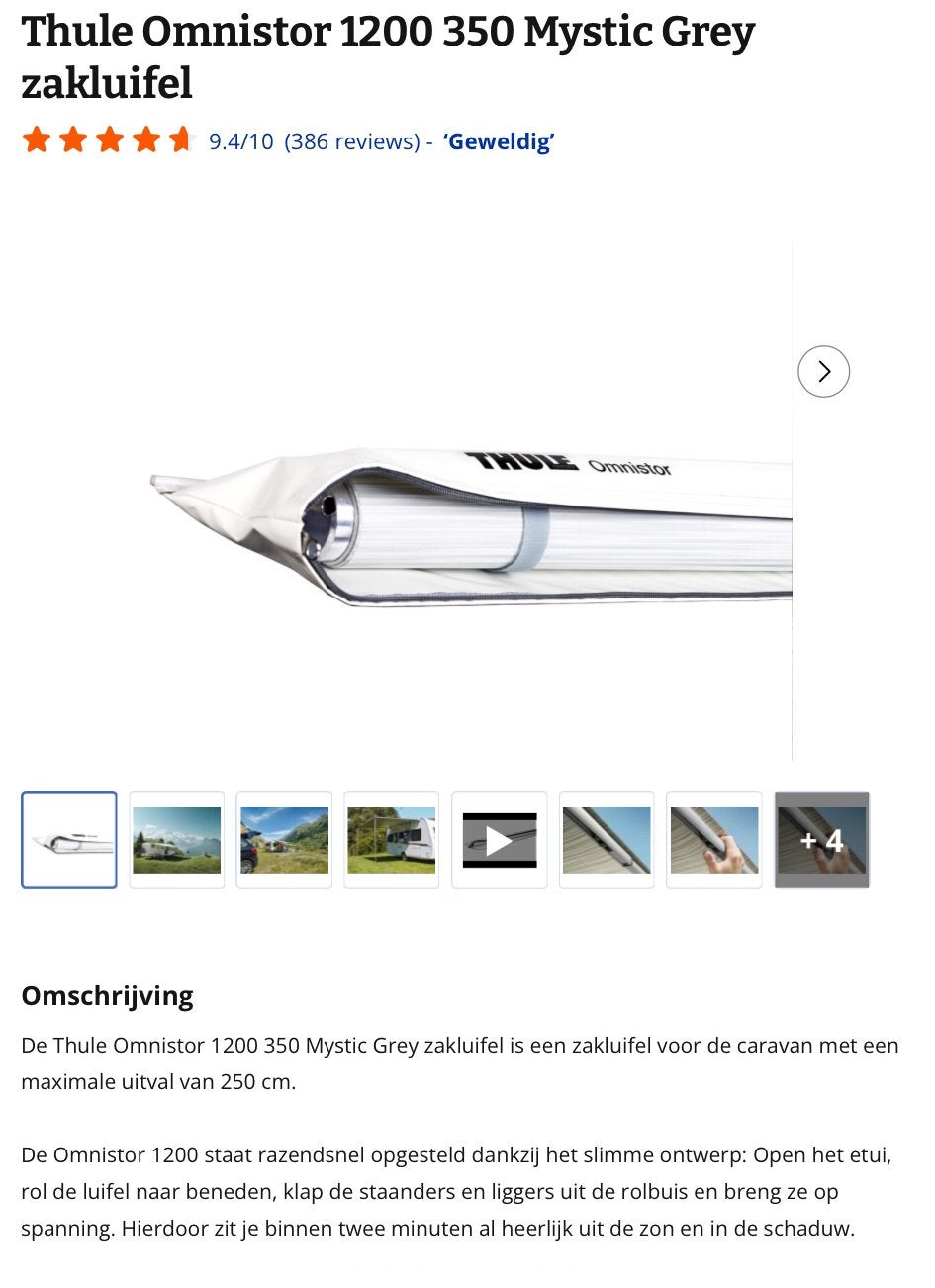 Thule Omnistor zakluifel  350 cm breed, uitval 250 cm, Ophalen, Zo goed als nieuw, PVC, Thule