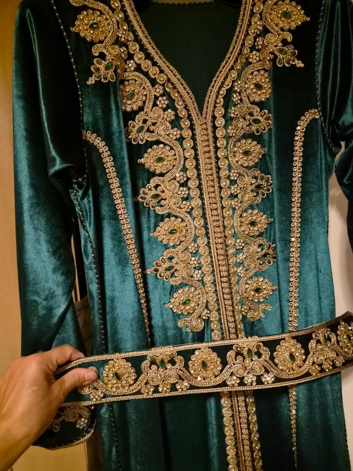 Prachtige Marokkaanse Kaftan - Groen met Gouden Borduur, Maat 38/40 (M), Overige typen, Ophalen of Verzenden, Zo goed als nieuw