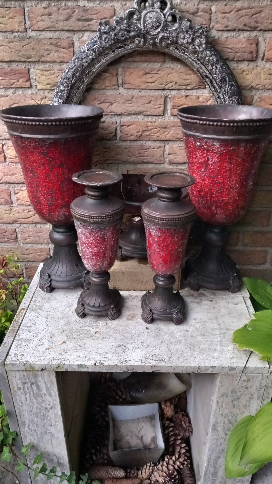 Decoratieve vazen en schaal, rood mozaïek, Ophalen