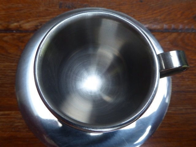 6 r.v.s. espressokopjes +schoteltjes en roomstelletje, Ophalen of Verzenden