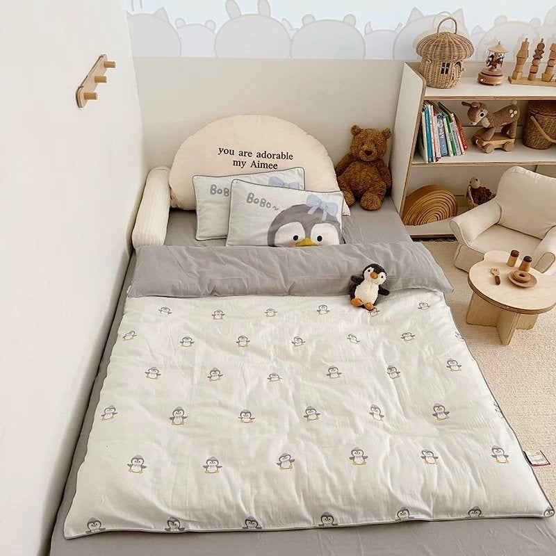 Kinder grijs katoen beddengoed met pinguïns, Jongetje of Meisje, Wit, Dekbedovertrek, Nieuw