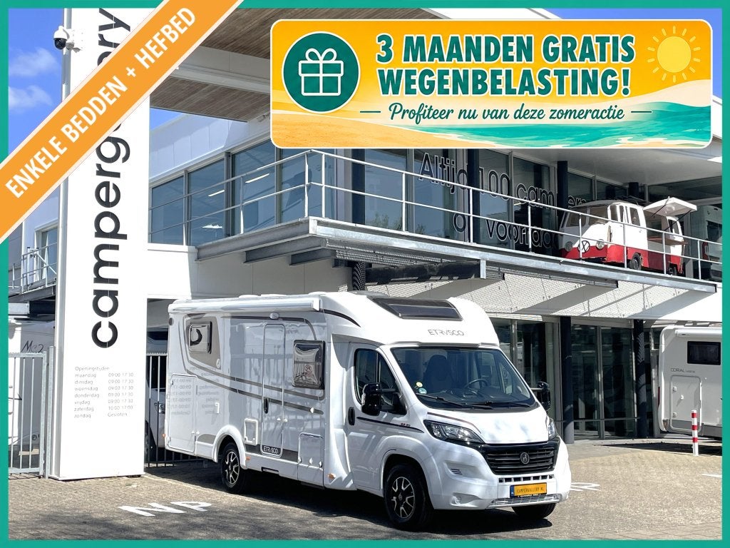 Etrusco T7300 SB ENKELE BEDDEN + HEFBED FIETSENDRAGER LIFT, Caravans en Kamperen, Campers, Fiat, 7 tot 8 meter, Bedrijf, Etrusco