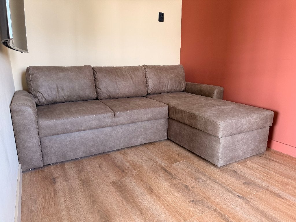 ZGAN Hoek (Spiegelbare) Slaapbank Taupe met opbergruimte, Ophalen, Bruin, Tweepersoons, Zo goed als nieuw