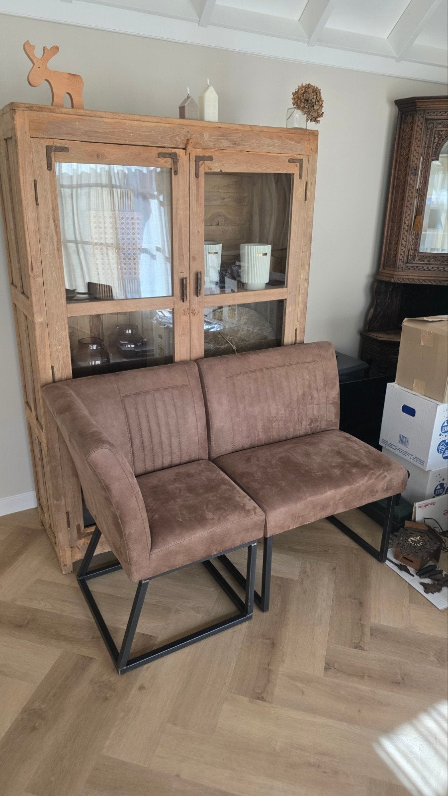 Nieuw Huus bankje/stoelen - Bruin stof met metalen onderstel, Huis en Inrichting, Ophalen, Twee, Bruin, Nieuw