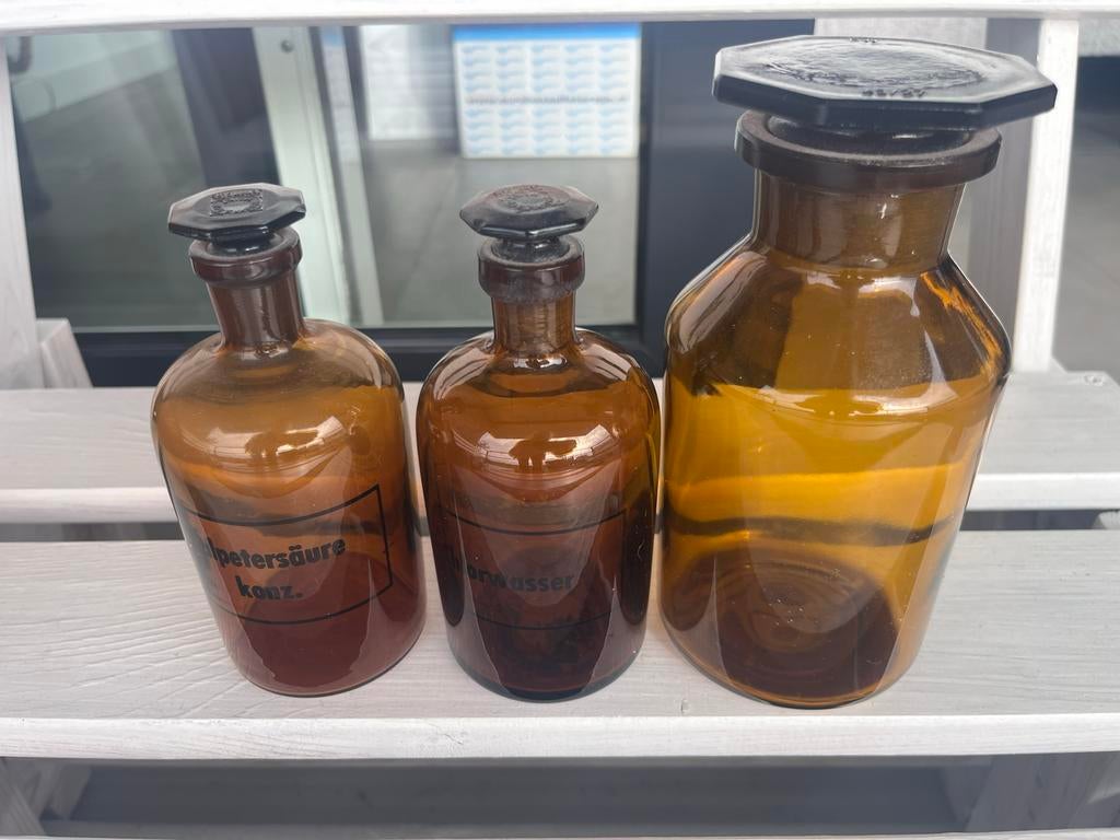Set van 3 Vintage Apothekers Flesjes - Amber Glas, Antiek en Kunst, Ophalen