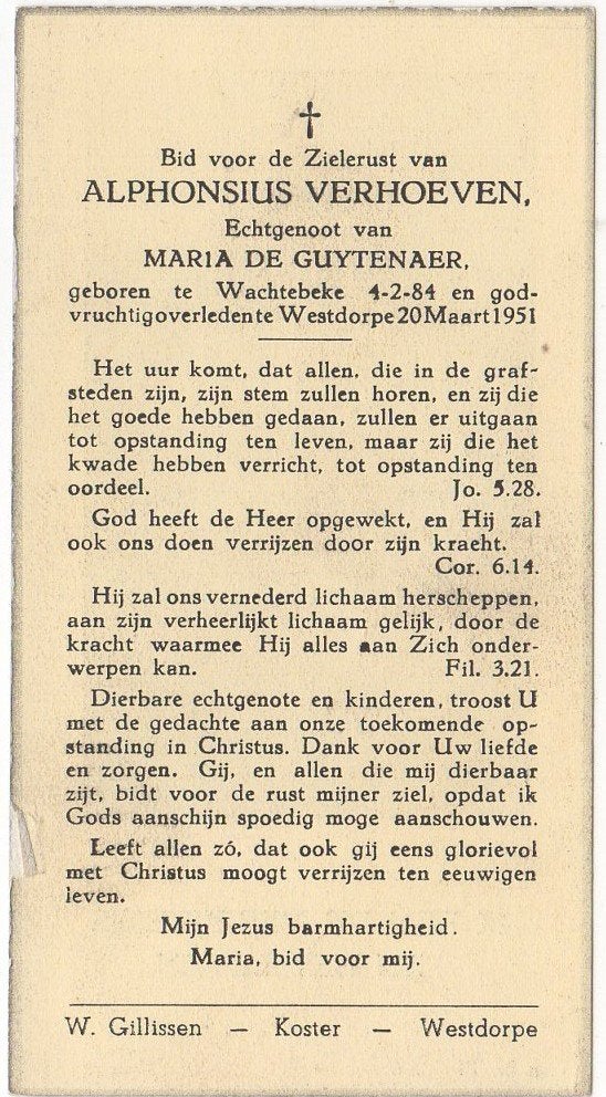 Alphonsius Verhoeven 1884 Wachtebeke + 1951 Westdorpe (nl), Ophalen of Verzenden